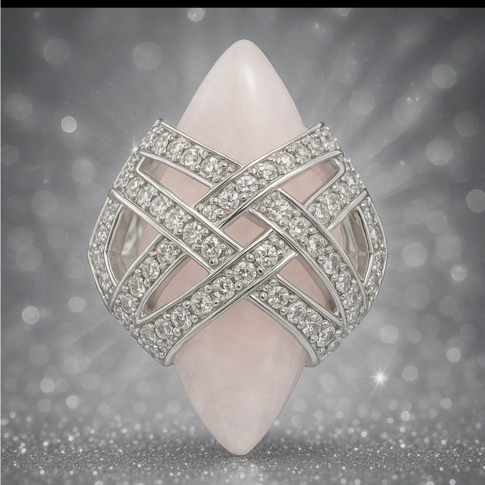 Genuine Solid Rose Quartz Statement Ring Sterling Silver 925K